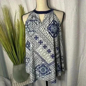 Knapp Studio Women’s L Blue Sleeveless Blouse High Neck High/Low Tunic Top